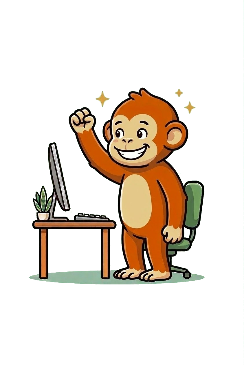 Happy upright Desk Monkey celebrating